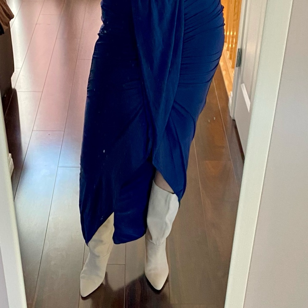 PrettyLittleThing Slinky Ruched Draped Maxi Skirt in Navy